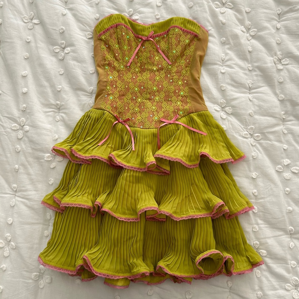 vintage Betsey Johnson ruffle corset dress green and pink